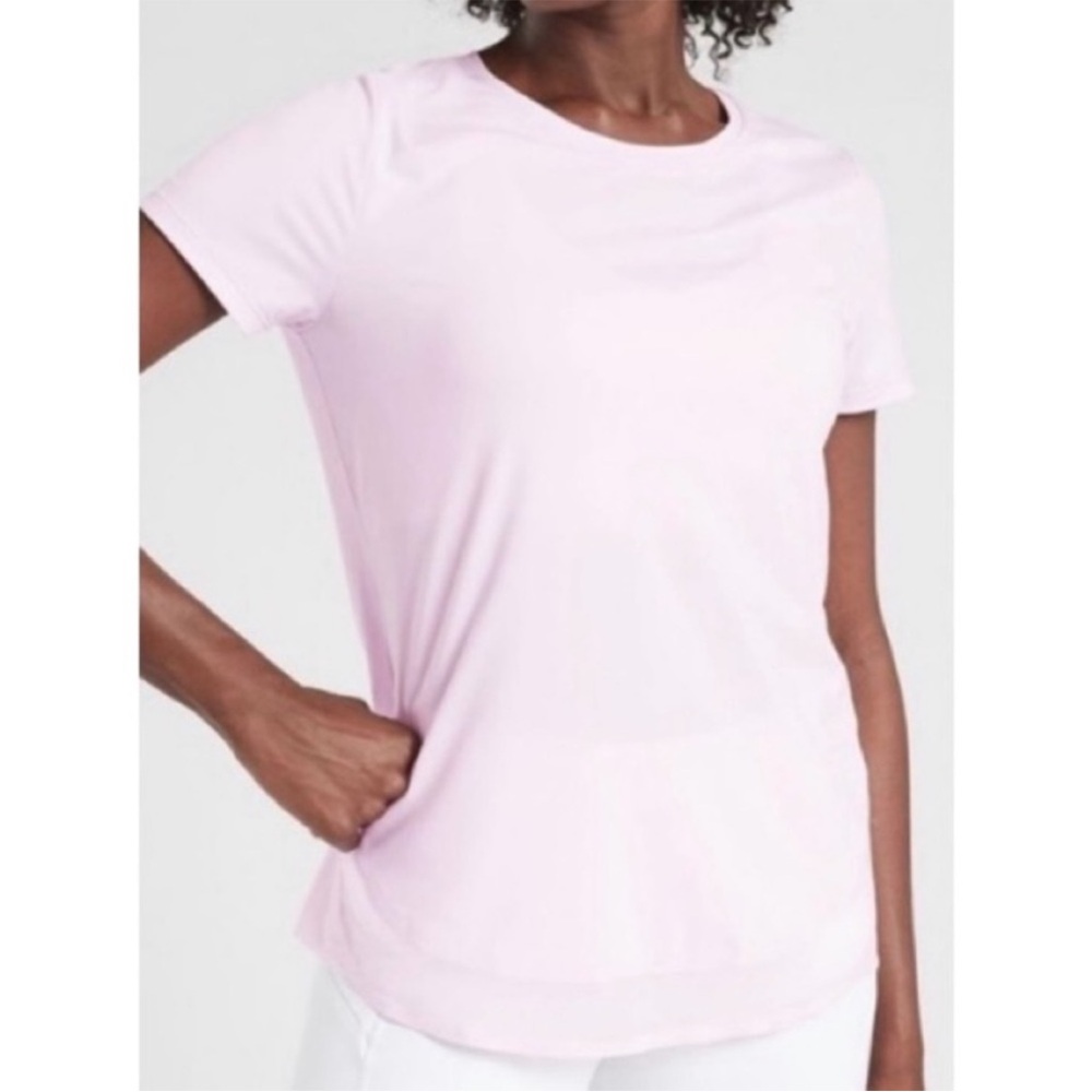 ATHLETA TOP, Size LP, Light Pink Cadence Short Sleeve Athleisure Tee, Excellent.